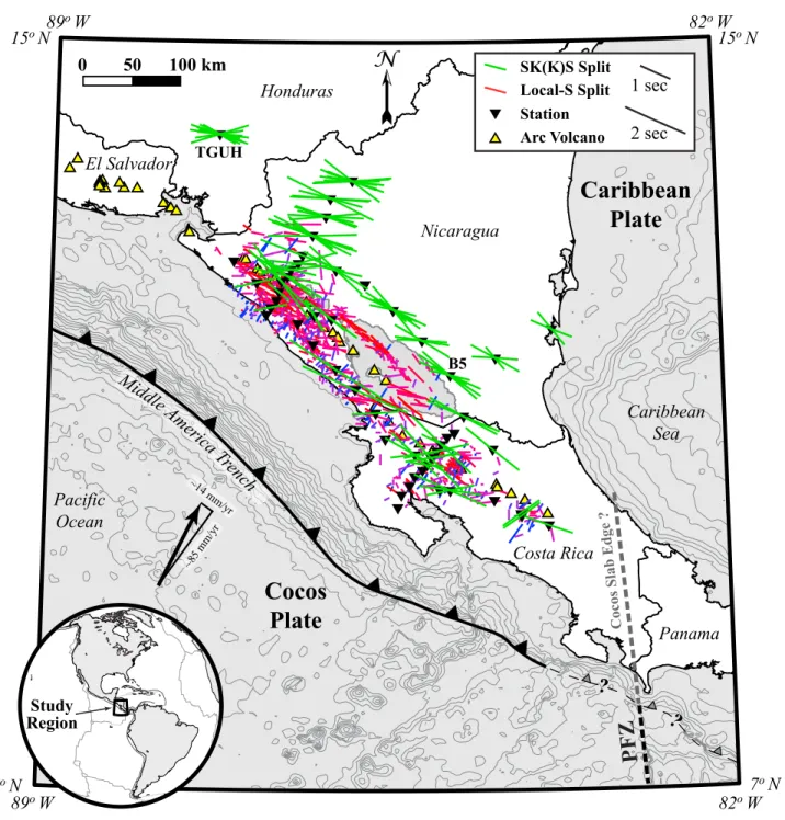 Figure 1. Map of SK(K)S and local S [Abt et al., 2009] splitting observations. SK(K)S splitting vectors (green) are plotted at the station where they were measured, while local S splits are plotted at raypath midpoints