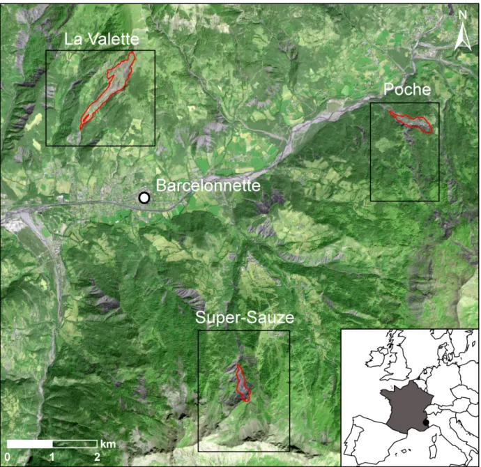 Figure 5: Study area: overview of the Barcelonnette basin (South East France) and of the three large active landslides considered in this experiment.