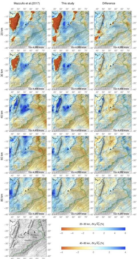 Figure 11. Tomography results. S V -wave velocity models at the depths of 20 km in panels (a)–(c), 30 km in (d)–(f), 40 km in (g)–(i), 60 km in (j)–(l) and 80 km in (m)–(o)