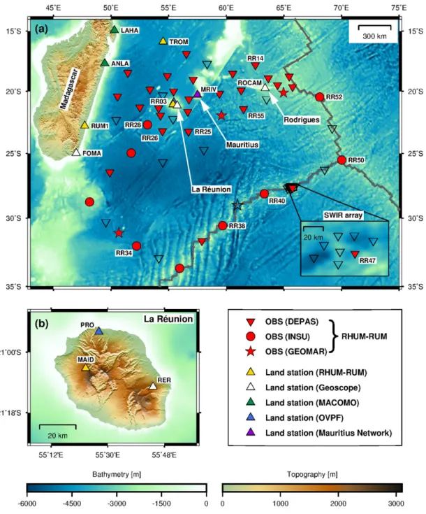 Figure 1. Maps of the study area in the western Indian Ocean, showing bathymetry, topography, plate boundaries and seismometer deployments