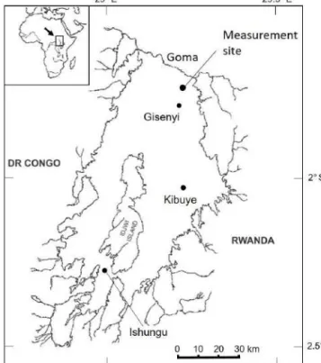 Figure 3. Map of Lake Kivu showing the location of the mea- mea-surement site. Locations of previous campaigns mentioned in the discussion section are also reported (named Gisenyi, Kibuye and Ishungu).