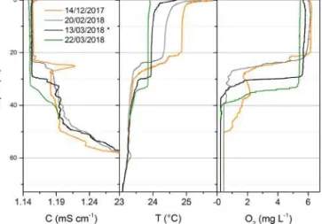 Figure 7. CTD (conductivity at 25 ◦ C, temperature and dissolved oxygen) data obtained a few months prior to the campaign
