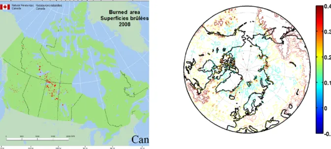 Figure 11. Map of the Canadian Forest Service fire counts in red for summer 2008 (left) and MODIS aerosol optical depth at 0.55 µm from 15 June to 15 July 2008 (right).