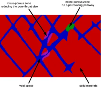 Fig. 1 Schematic of a micro-CT rock sample image. The red and blue regions are identified as solid minerals and void spaces, respectively