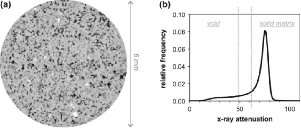 Fig. 3 a Cross section through the 3D volume. b X-ray attenuation histogram for the entire sample