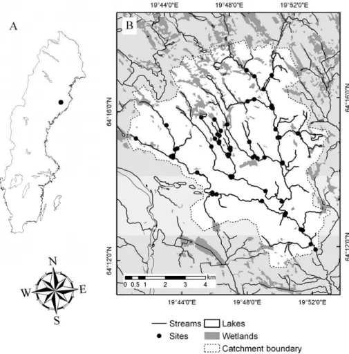 Fig. 1. (A) Location of the Krycklan catchment in Sweden and (B) location of 60 stream sampling sites within the catchment.