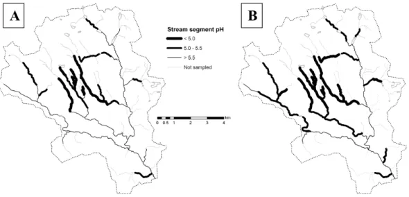 Fig. 4. The proportion of stream length affected by low pH at spring flood (A) during present conditions and (B) following a 30% increase in DOC.