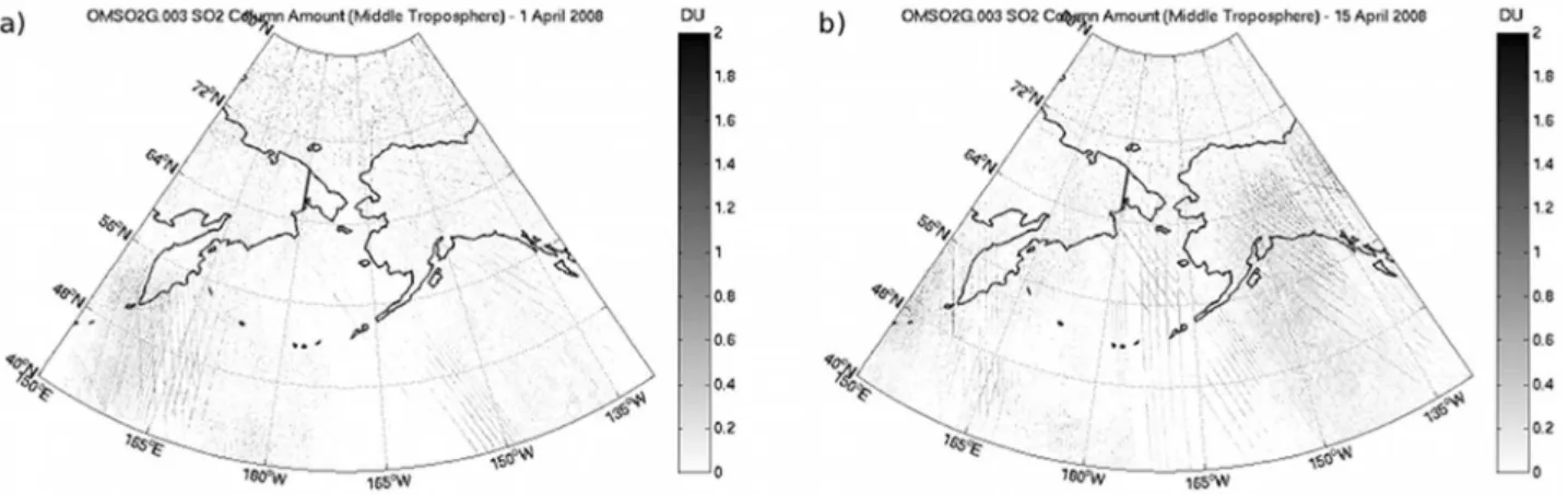 Figure 18. Satellite measurements of SO 2 total columns by OMI on (a) 1 April 2008 and (b) 15 April 2008.