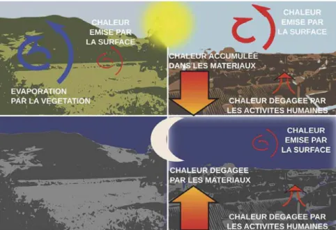 Figure 5 - Présentation du bilan d’énergie en zone rurale (à gauche) et en zone urbaine (à droite), le jour (en haut) et la nuit (en bas).