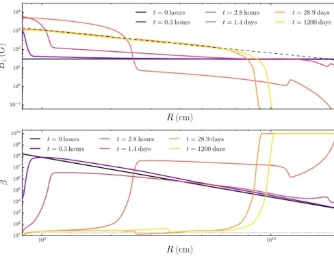 Fig. 3. Temporal evolution of the magnetic field configuration (upper panel) and plasma β  param-eter (lower panel) up to the quasi-stationary final configuration