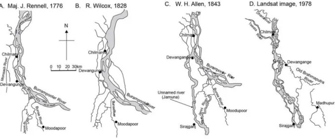 Figure II-25. Historic evolution of the Brahmaputra-Jamuna course in Bangladesh. 