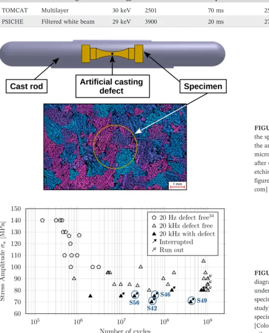 FIGURE 5 Experimental data in a SN diagram for the cast AlSi7Mg0.6 alloy under tension (R = − 1) on defect ‐ free specimen at 20 Hz 2014 at 20 kHz (this study) on defect free specimen and specimen with artificial internal defect [Colour figure can be viewe
