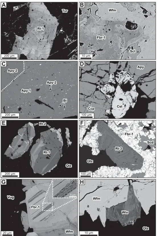 Fig. 7. Backscattered electron images of mineral assemblages for paragenetic stages I to VI of the Puy-les-Vignes deposit
