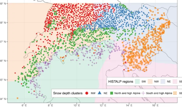 Figure 5. Clustering of stations based on daily snow depth data. Map of regions from applying a k-means clustering on the first five prin- prin-cipal components