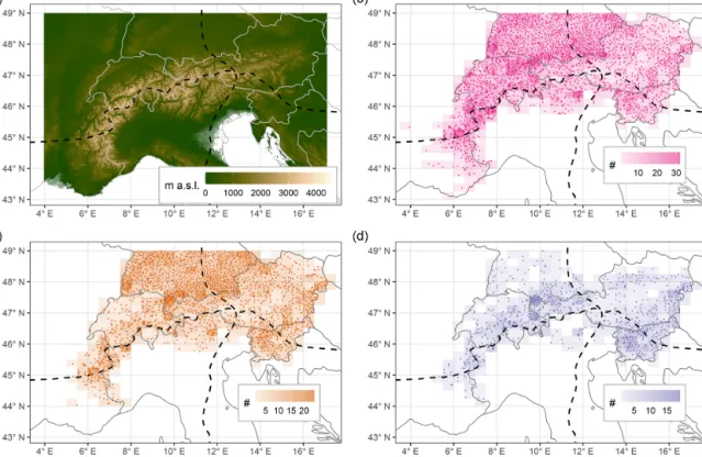 Figure 1. Topography of the European Alps (a) and overview of station locations (b–d)