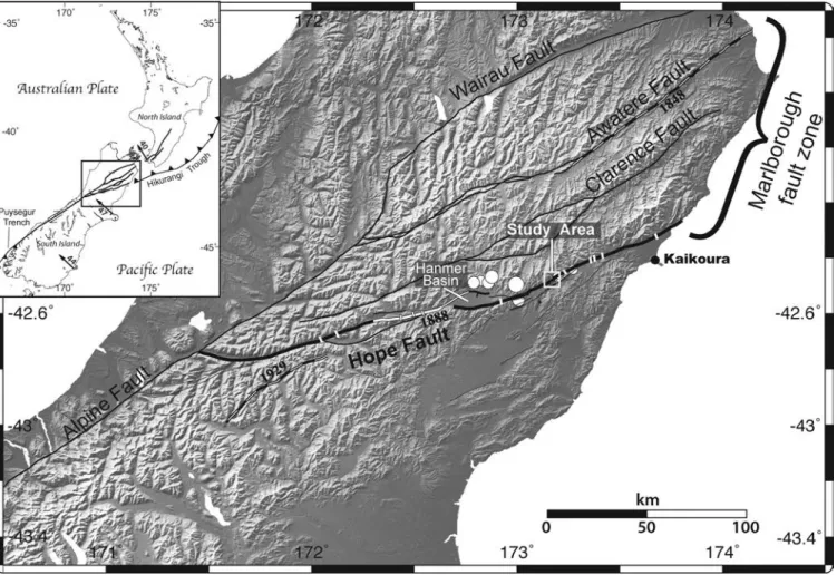Figure 1. Tectonic setting of northern South Island, New Zealand. Only major active faults are represented, with the Hope fault in bold