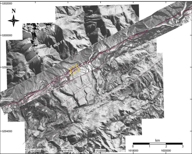 Figure 2. Detailed mapping of the Hope Fault trace, based on combined analysis of Ikonos satellite image and LiDAR data (white swath; only half of swath length is shown)