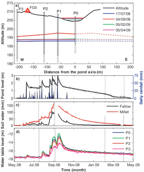 Figure 2. Hydrological processes for 1 yr on a 400 m profile. (a) Cross section of the piezometric profile showing the pond water level and the water table level at FG5 measurement dates