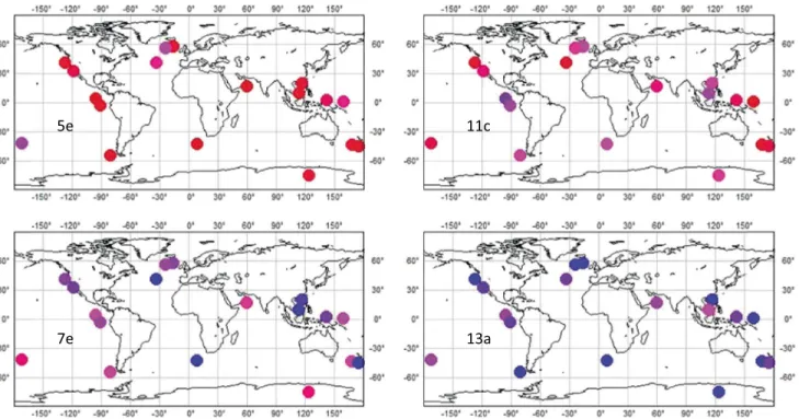 Figure 11. Maps showing peak interglacial SSTs and EDC temperature for MIS 5e, 7e, 11c, and 13a