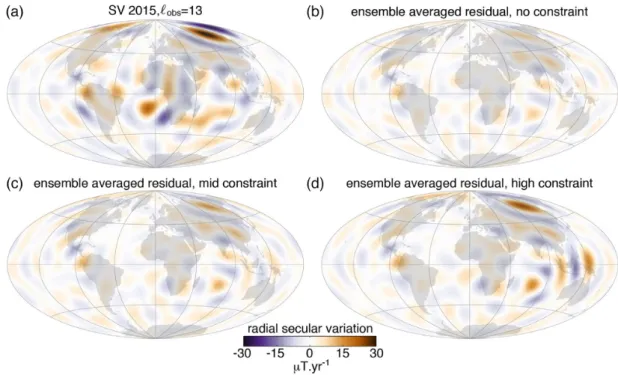 Figure 2. (a) Hammer projection of the core–mantle boundary radial secular variation from CHAOS-6x8 in 2015, presented up to spherical harmonic degree  obs = 13