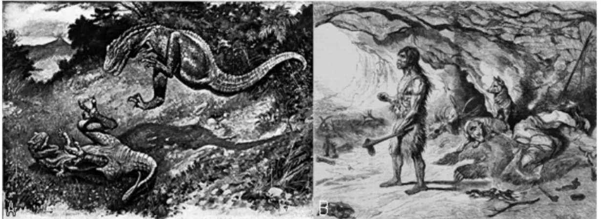 Figure   6.   Depictions   of   dinosaurs   (A)   and   primitive   man   (B)   as   aggressive   and    predatory   are   familiar   sights   today   and   were   common   during   the   period   when    Haeckel's   illustrations   were   being   reproduc