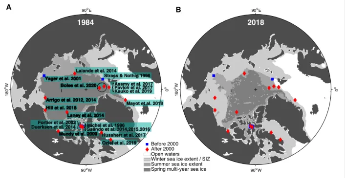 Figure 11: Pan-Arctic distribution of documented UIBs. Sea-ice maps of the Arctic Ocean are shown for (A)  1984 and (B) 2018, where white indicates open ocean; light gray, winter sea-ice extent (i.e., March); gray,  sum-mer sea-ice extent (i.e., September)