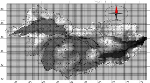 Fig. 6. WATFLOOD Model Domain showing elevation and drainage direction used as part of the physiograhic parametrization fo MESH.