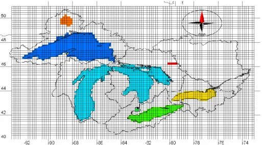 Fig. 7. Large lakes and reservoirs used in the MESH routing scheme.