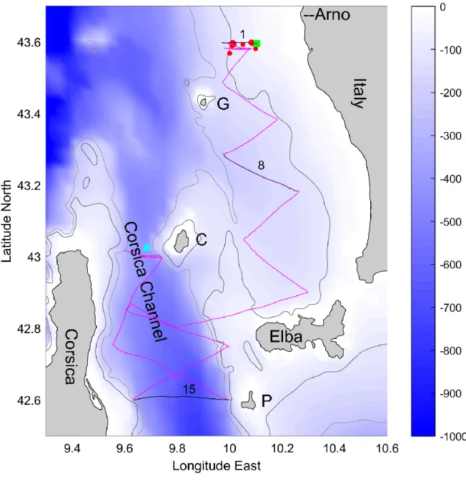 Figure 1. Geography and bathymetry of the study area in the southeastern Ligurian and 587 
