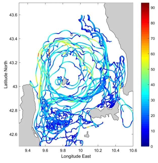 Figure 3. Drifter trajectories for the period 3 July – 27 August 2010 color-coded as a function 612  of drifter speed (cm/s)