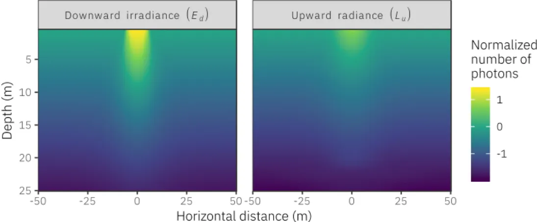 Figure 6: Cross-sections of simulated downward irradiance and upward radiance ﬁelds under a melt pond with a 5 m radius