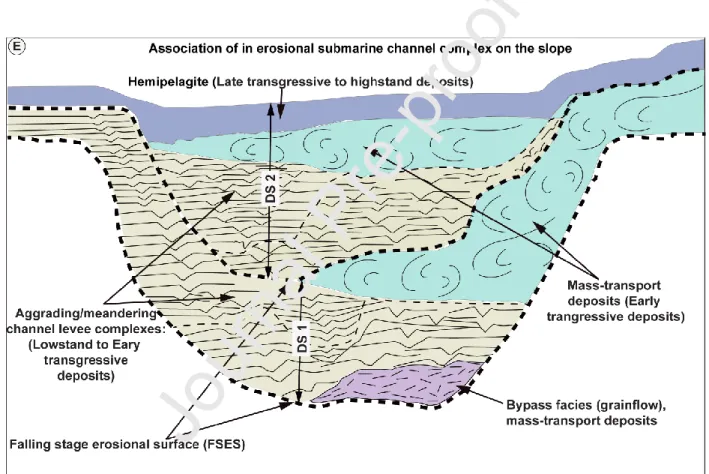 Fig.  13  E:  Schematic  illustration  of  facies  association  and  systems  tracts  in  the  erosional  submarine channel complex on the slope