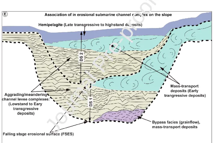 Fig.  13  E:  Schematic  illustration  of  facies  association  and  systems  tracts  in  the  erosional  submarine channel complex on the slope