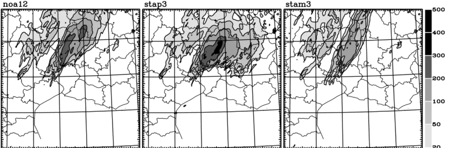 Figure 19. Vertical profiles of equivalent potential temperature (K) averaged over sea surface on the 2.4-km grid for all the simulations: (a) for the Aude case at 0300 UT, 13 November 1999; (b) the Gard case at 0300 UT, 9 September 2002; and (c) the He´ra