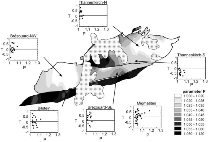Figure 9. Contoured map of P parameter for the BBTC intrusions and P-T diagrams for selected areas (P, degree of AMS; T, shape of AMS ellipsoid; see text for parameter definition).