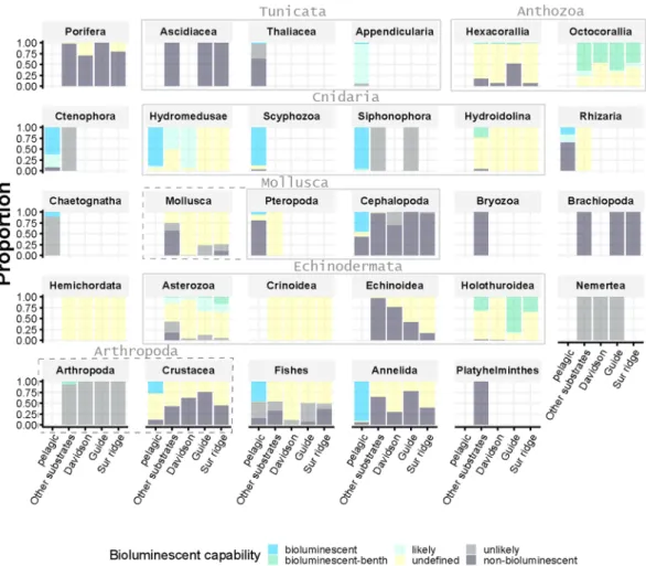 Figure 2.  Proportion of total bioluminescence capability (y-axis) for each of the 29 taxa observed in the  dataset (individual panels), and divided between subhabitats (pelagic, Other substrates, Davidson Seamount,  Guide Seamount, and Sur Ridge, x-axis)