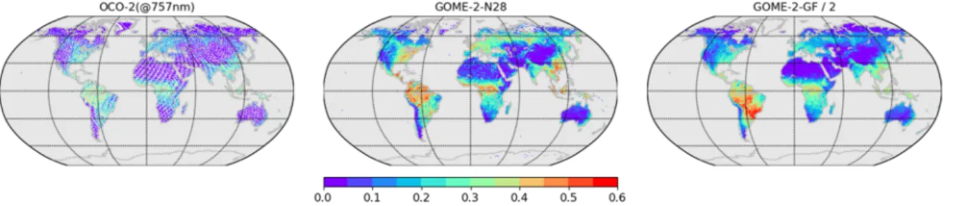 Figure 1. Global maps of the yearly average of the daily mean SIF products (in W·m −2 ·sr −1 · μ m −1 ) for year 2015 derived from OCO ‐ 2(@757 nm), GOME ‐ 2 ‐ N28, and GOME ‐ 2 ‐ GF