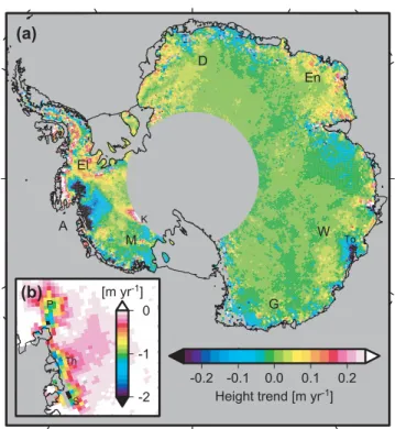 Figure 2. (a) Linear trends from ENVISAT radar altimetry ice sheet thick- thick-ness variations  z(t) over the period 2002 October–2009 August, after GIA correction