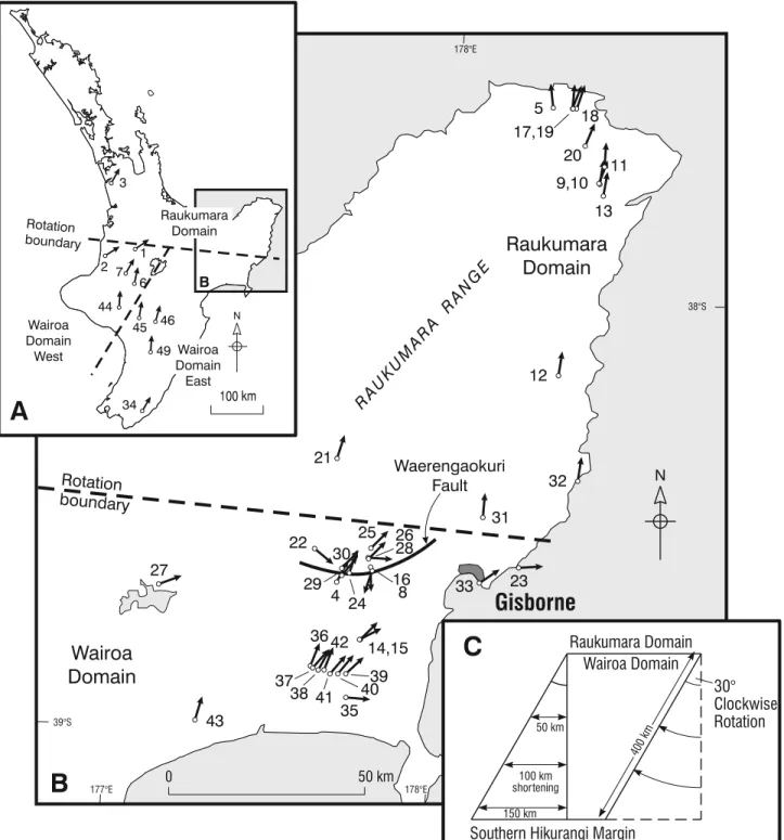 Figure 10. (a) Locations and declinations for paleomagnetic samples from the southern, western, and central North Island and (b) the northeast-east North Island