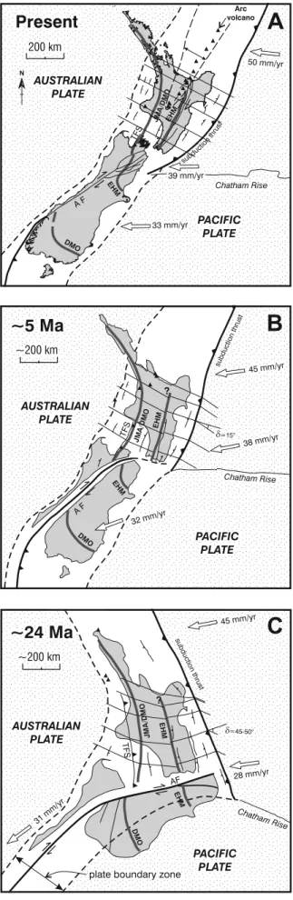 Figure 14. Reconstructions of New Zealand Plate bound- bound-ary zone and the Hikurangi Margin from the (a) present to (b) 5 and (c) 24 Ma