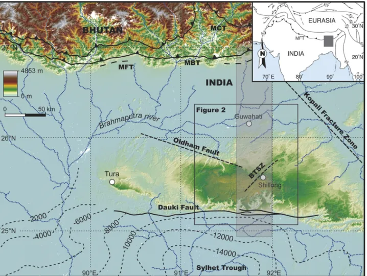 Figure 1. Digital topography and major structural features of southern Bhutan and Shillong plateau area