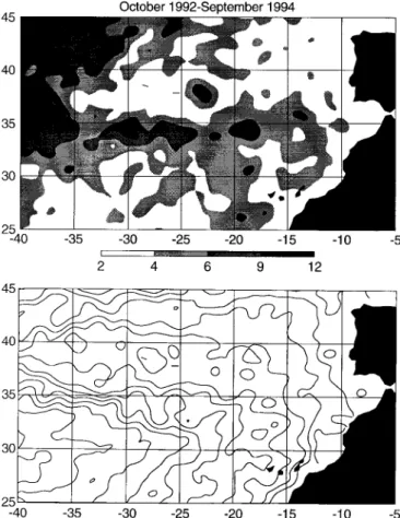 Fig. 9. a Map of the sea-level Rms variability over the two years of satellite observations (in cm); b mean sea-surface topography for the same period (CI: 2 cm)