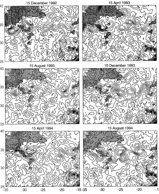 Fig. 2. Instantaneous dynamic topography in the Azores  re-gion as predicted by the model on December 15, 1992, April 15, 1993, August 15, 1993, December 15, 1993, April 15, 1994 and August 15, 1994.