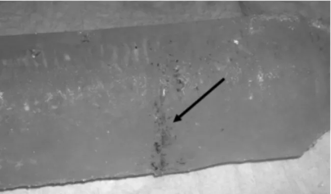 Fig. 1. Traces of Vostok DF (indicated by arrow) on the surface of an ice core sample retrieved from 2054 m depth.