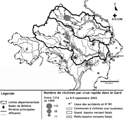 Fig. 2 Distribution des victimes de crues rapides dans le Gard entre 1316 et 1999 (d’après Antoine et al., 2001) et des bassins versants ayant causés des victimes lors de l’épisode des 8-9 septembre 2002.