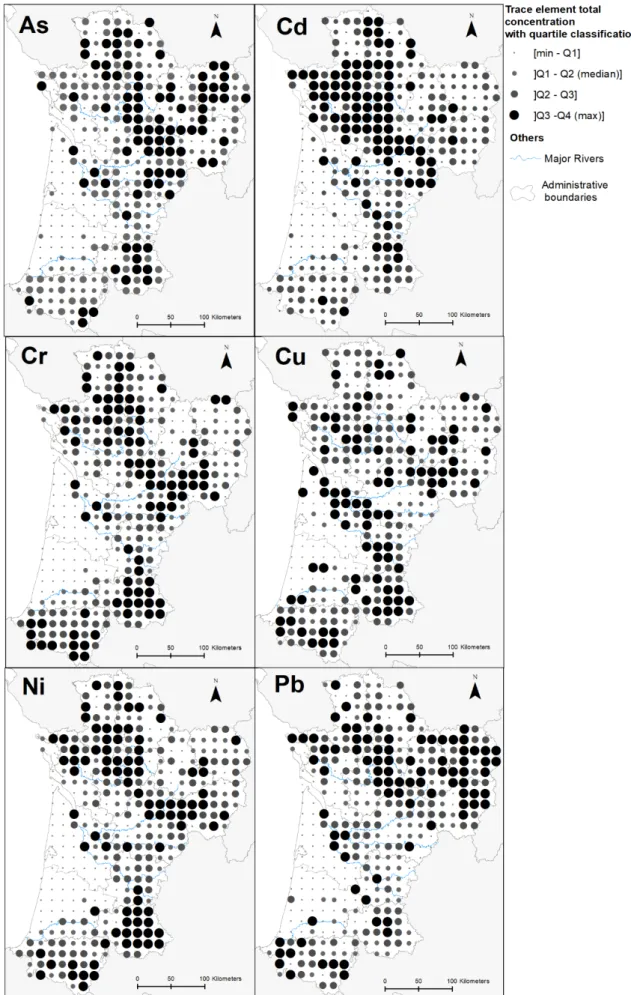 Figure 2: Point distribution of As, Cd, Cr, Cu, Ni and Pb concentrations with classification by quartile in 649 