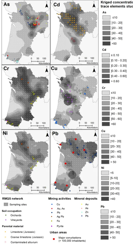 Figure  5:    Maps  with  kriged  concentrations  of  studied  trace  elements,  and  geographic  information 662 