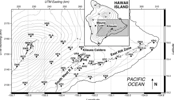 Figure 1. Map of the southeastern part of the island of Hawaii. Isolines are spaced every 200 m.