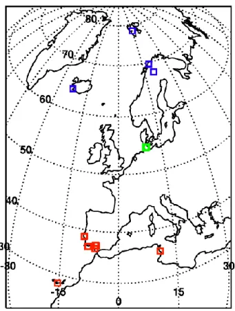 Fig. 1. Locations of the SPURT stop-over landings when profiles were flown. Low-latitude locations in red, mid-latitude in green and high latitude in blue.