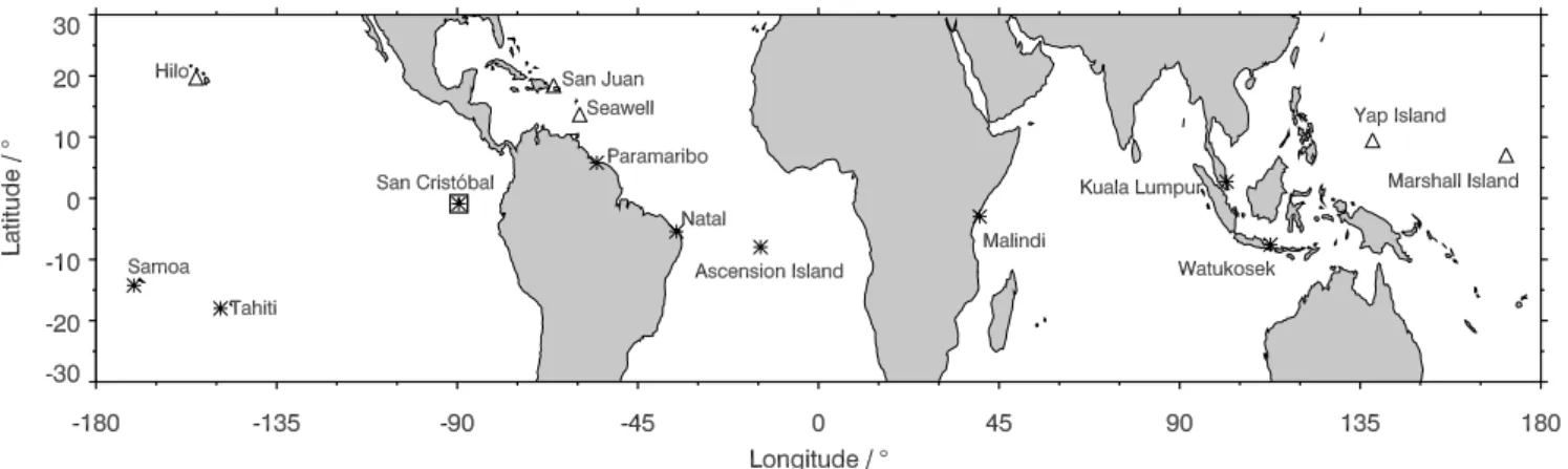Fig. 2. Locations of tropical (20 ◦ S to 20 ◦ N) radiosonde measurements used in this study